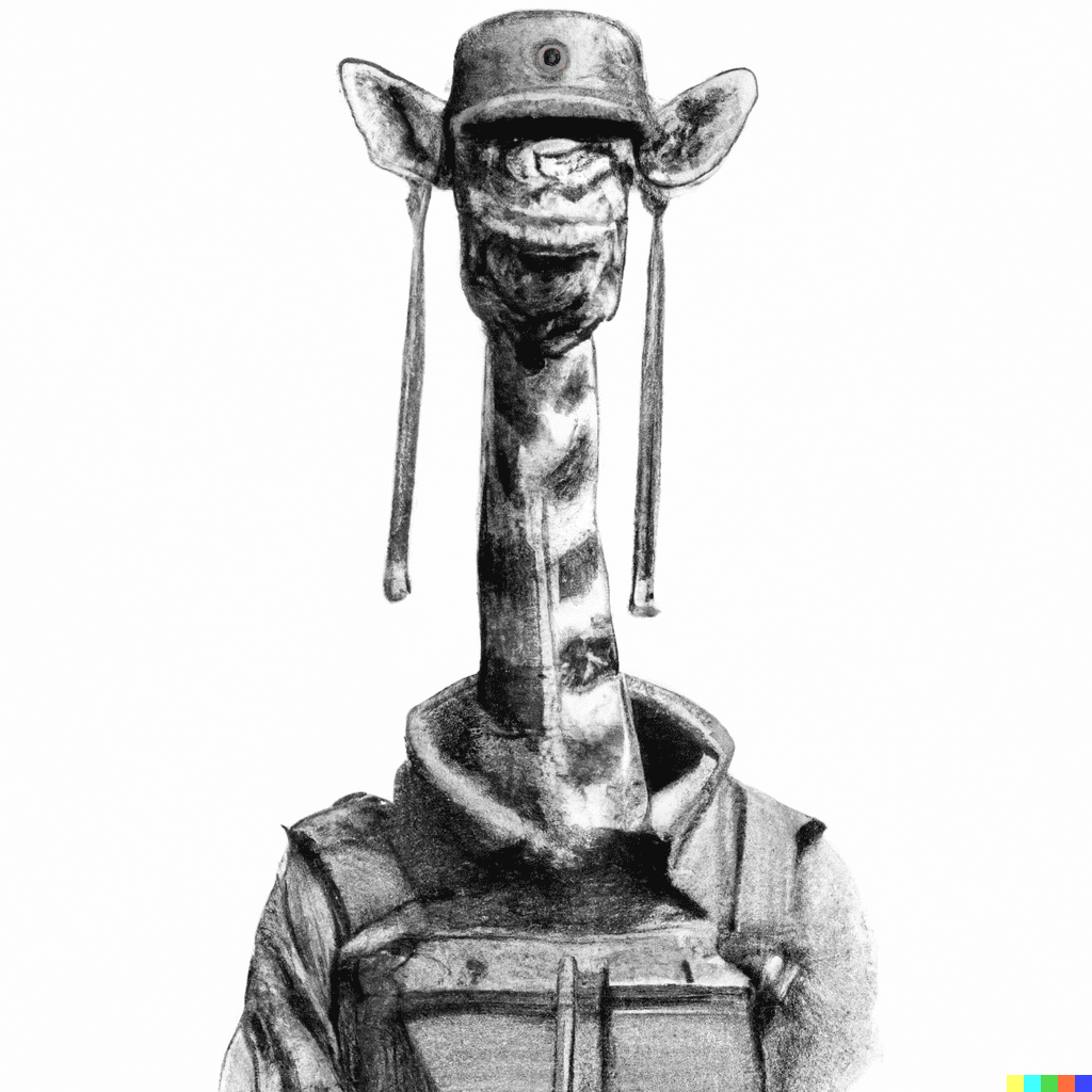 DALL·E 2023-01-18 19.31.43 - a giraffe wearing a military outfit, charcoal