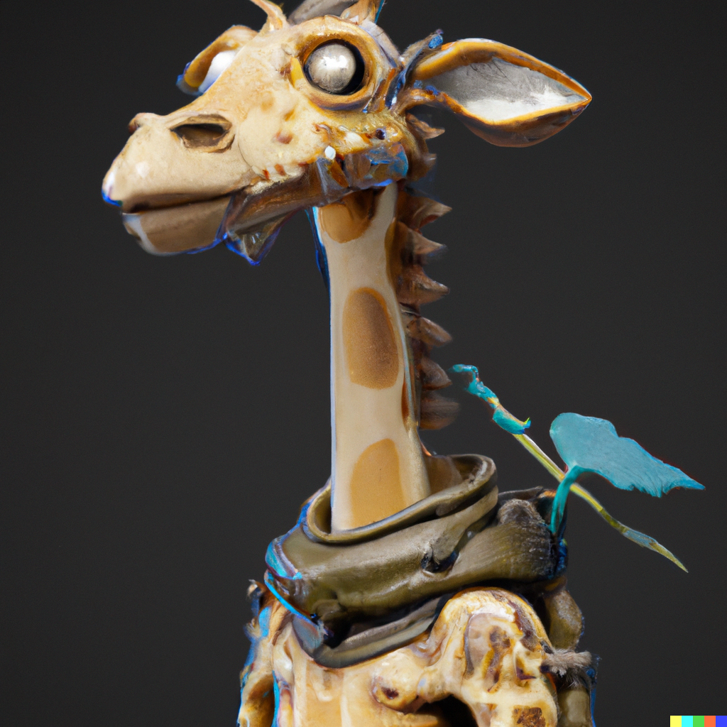 DALL·E 2023-01-18 19.39.33 - a giraffe wearing a military outfit, zerg creep, zbrush