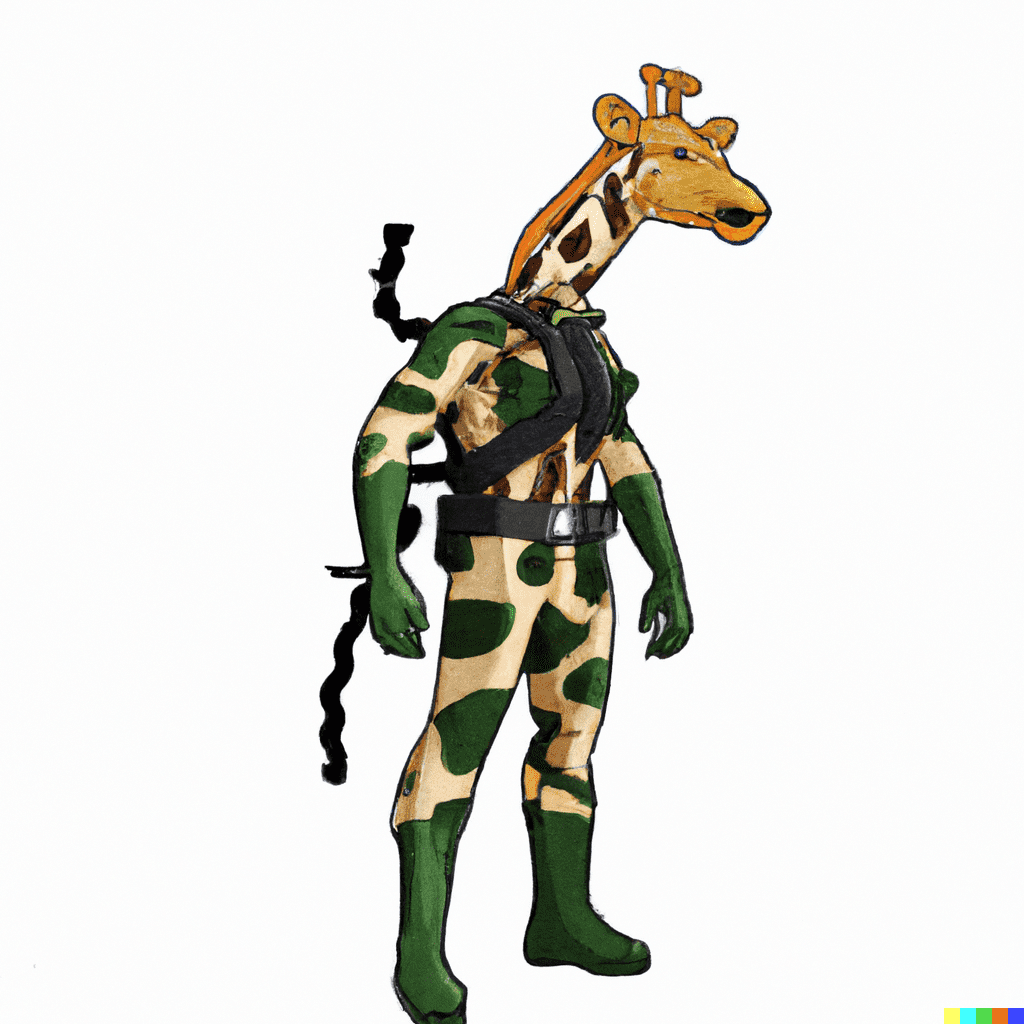 DALL·E 2023-01-18 19.52.09 - a giraffe wearing a military outfit, venom from spiderman style