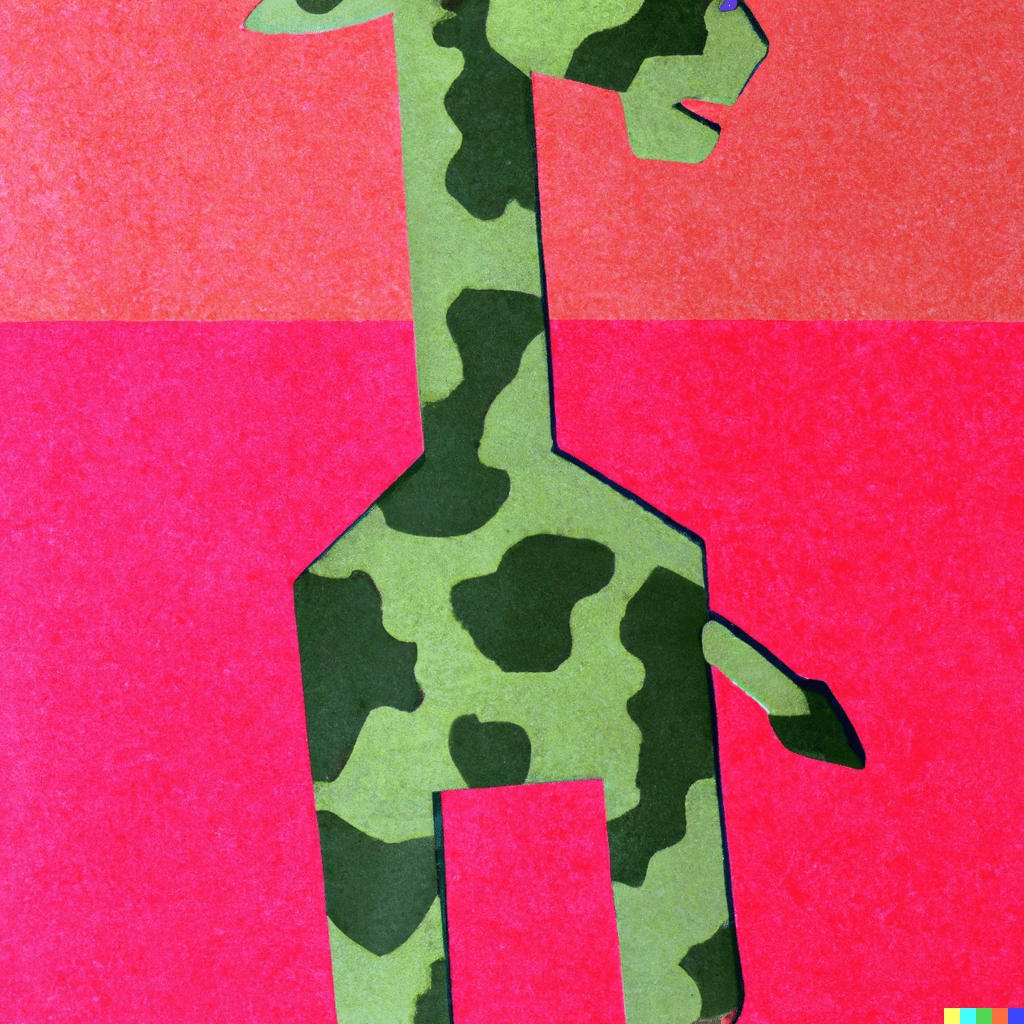 DALL·E 2023-01-18 19.56.42 - a giraffe wearing a military outfit, atomic print, made of construction paper, chromatic colors