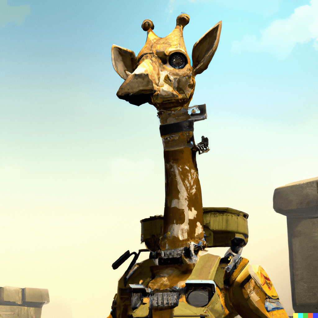 DALL·E 2023-01-18 20.27.27 - a giraffe wearing a military outfit, borderlands game