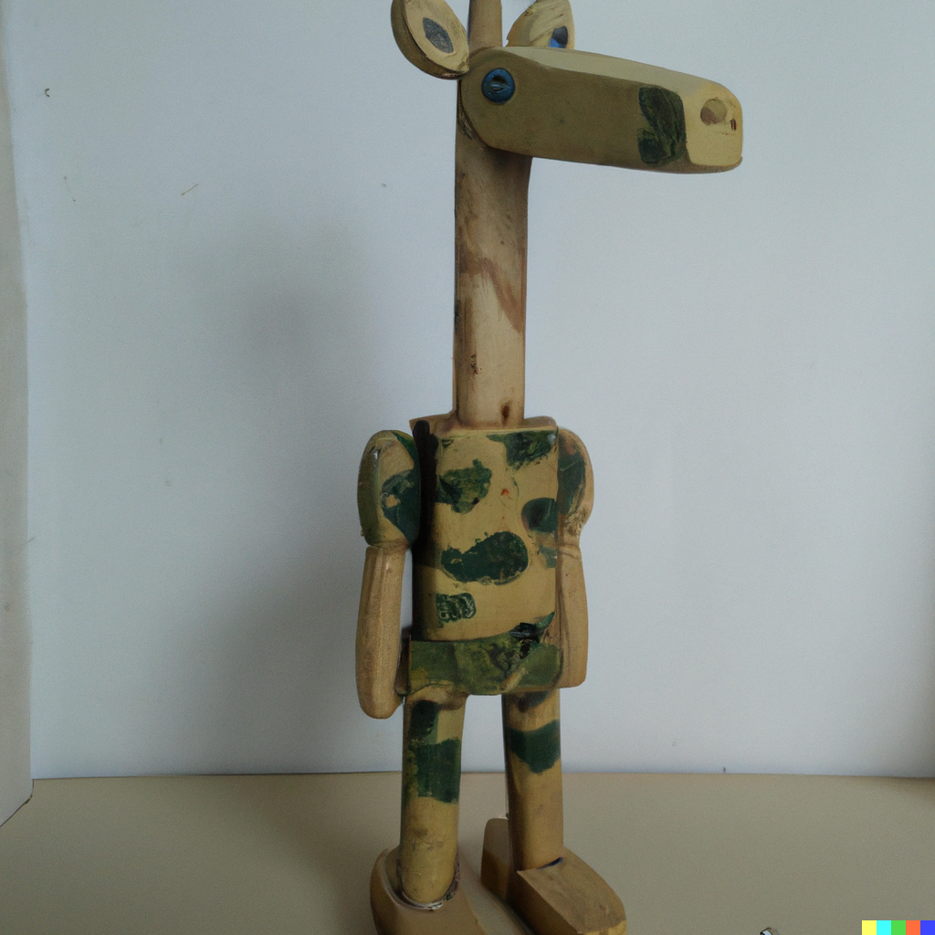 DALL·E 2023-01-18 20.29.13 - a giraffe wearing a military outfit, made of wood