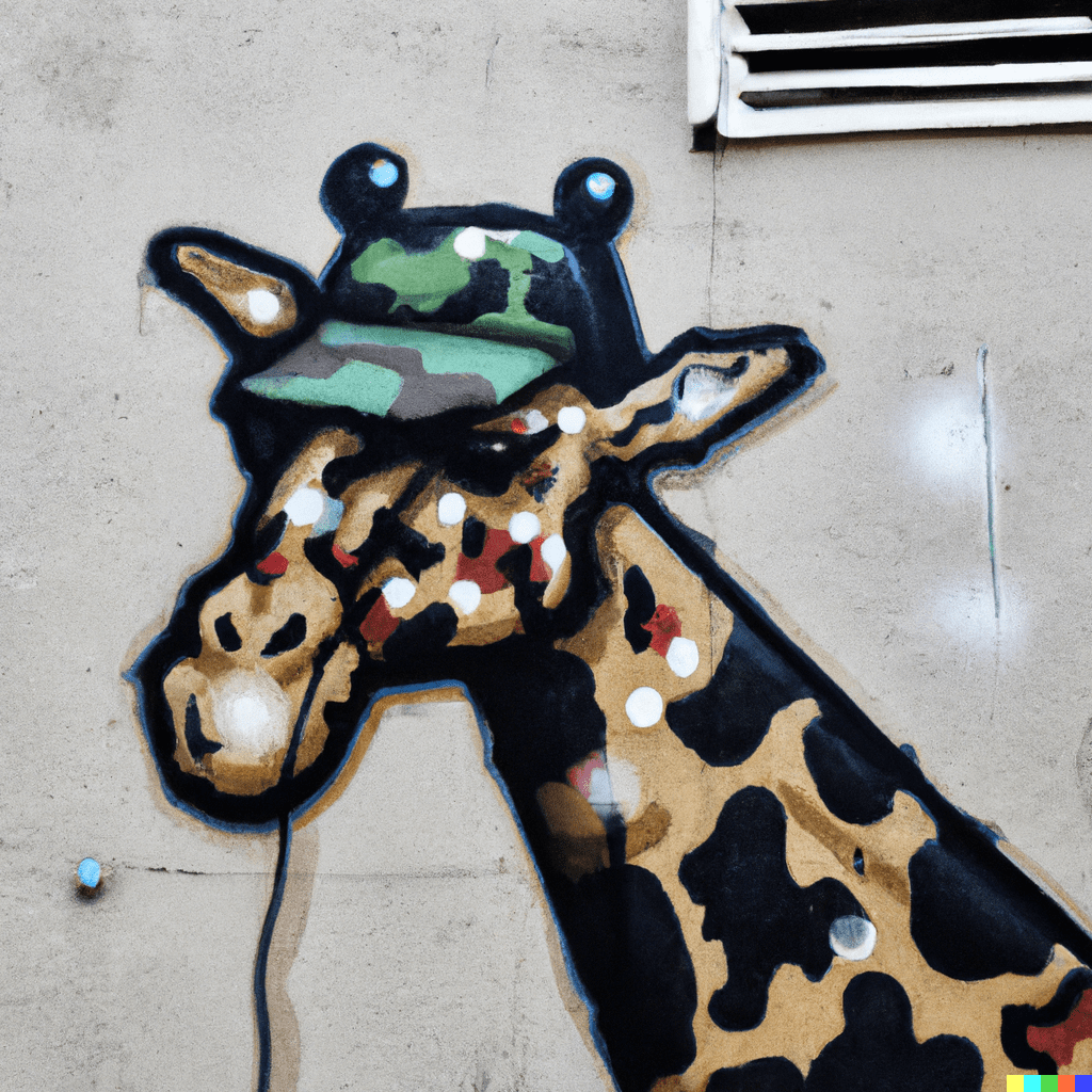DALL·E 2023-01-18 20.38.37 - a giraffe wearing a military outfit, street art graffiti